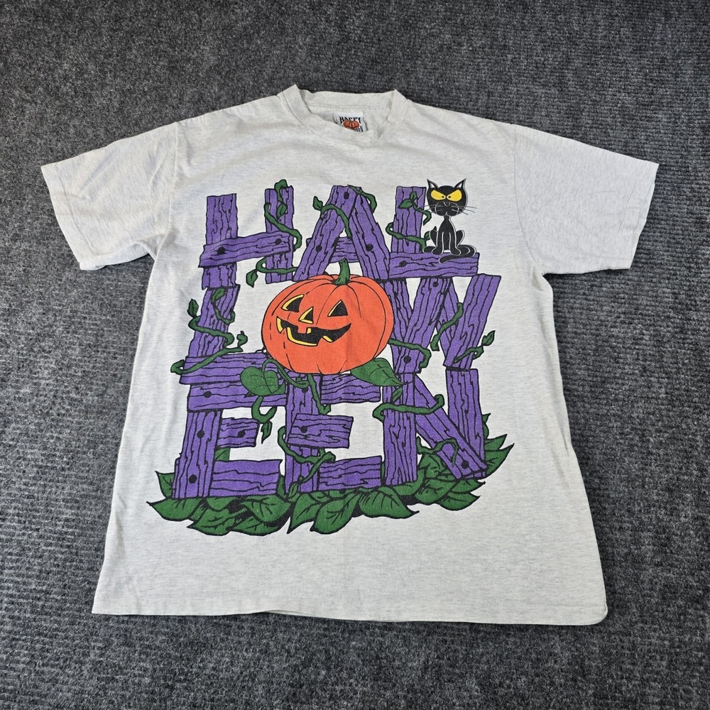 Vintage Large Spooky Moon Cat Funny Pumpkin Single Stitch Freeze T Shirt